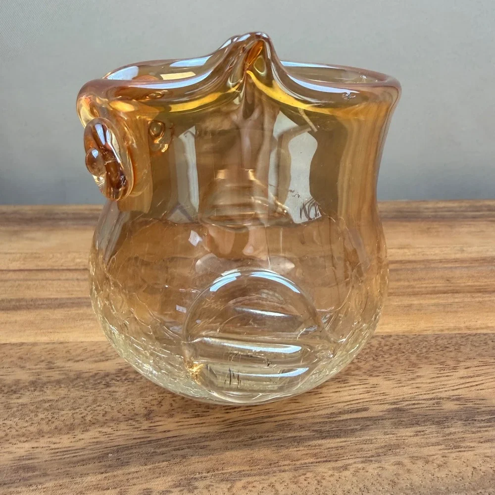 Vintage‎ Amber Crackle Glass Owl Votive Holder Yellow Iridescent Bird 4 inch